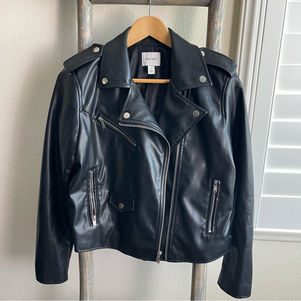Nine West black faux leather jacket with zippered jackets.